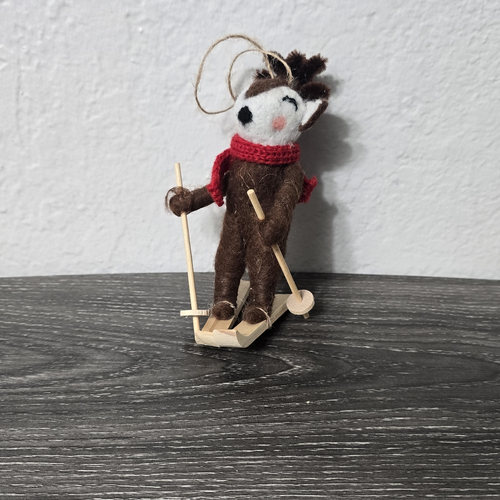 Brown Felt Skiing Reindeer Ornament with Red Scarf